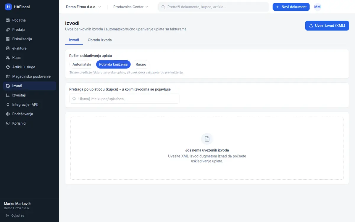 Ekran Izvodi sa izborom režima usklađivanja