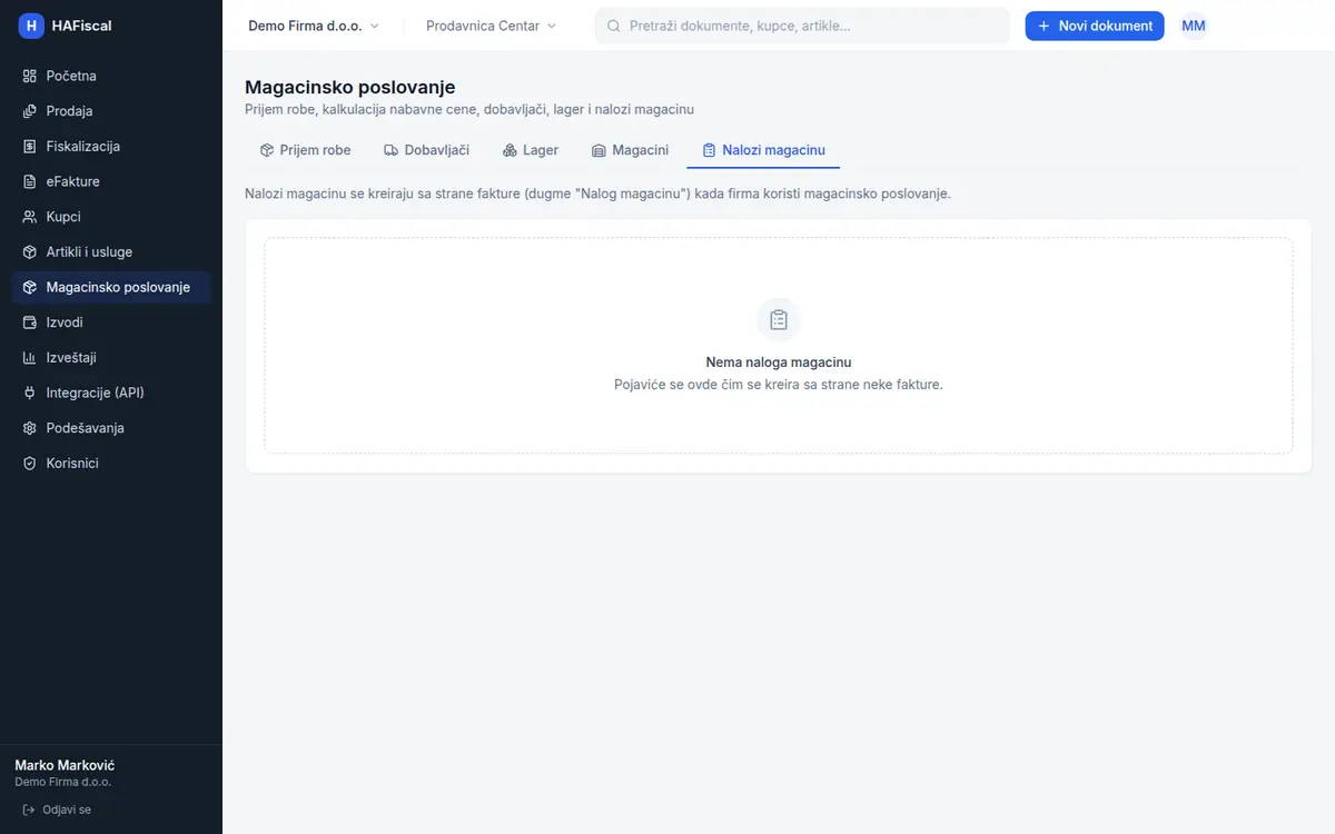 Nalozi magacinu sa statusima