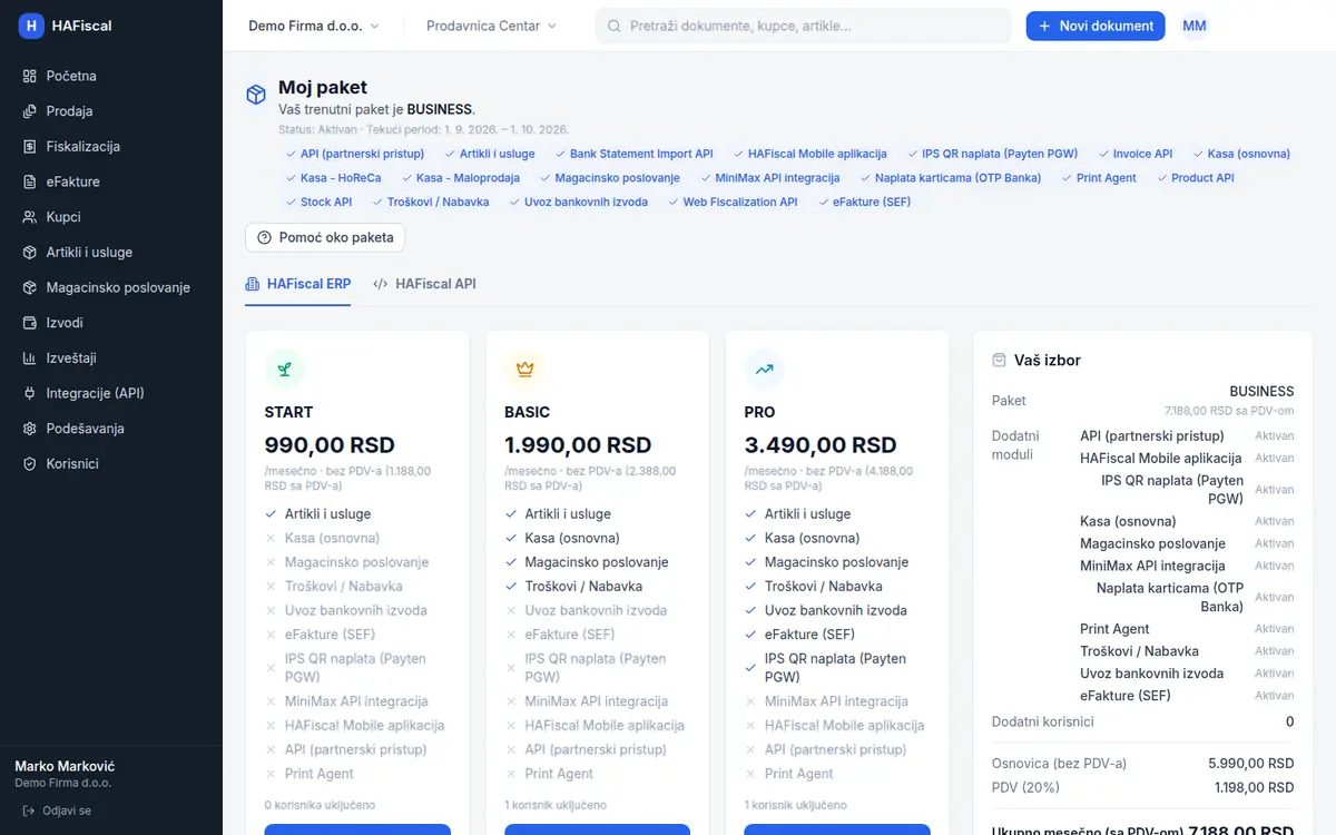 Strana Moj paket: paketi, dodatni moduli i panel Vaš izbor