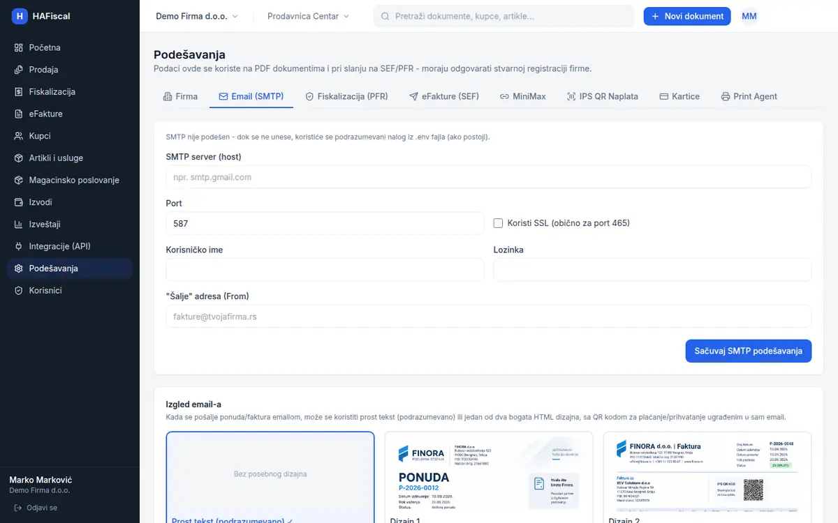 Podešavanja, tab Email (SMTP)