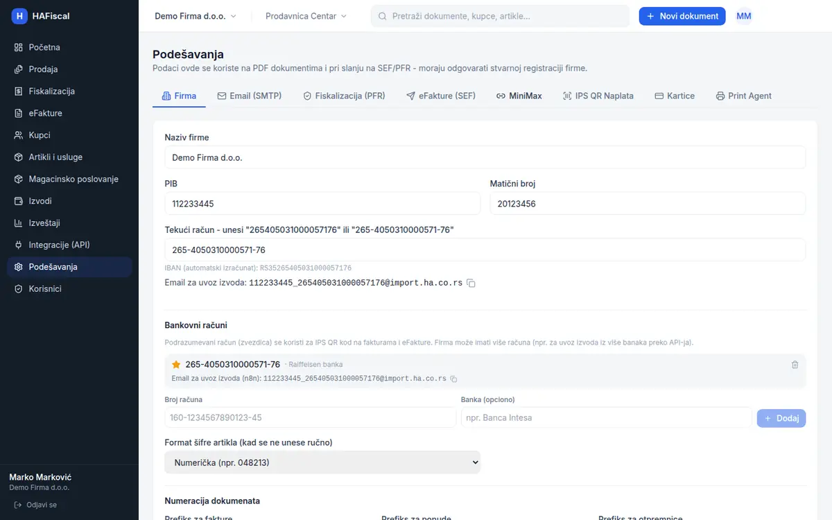 Podešavanja, tab Firma