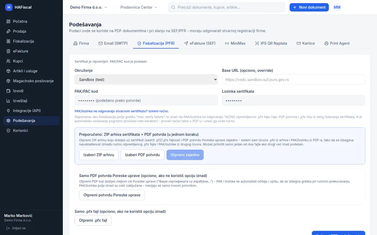 Podešavanja, tab Fiskalizacija (PFR)