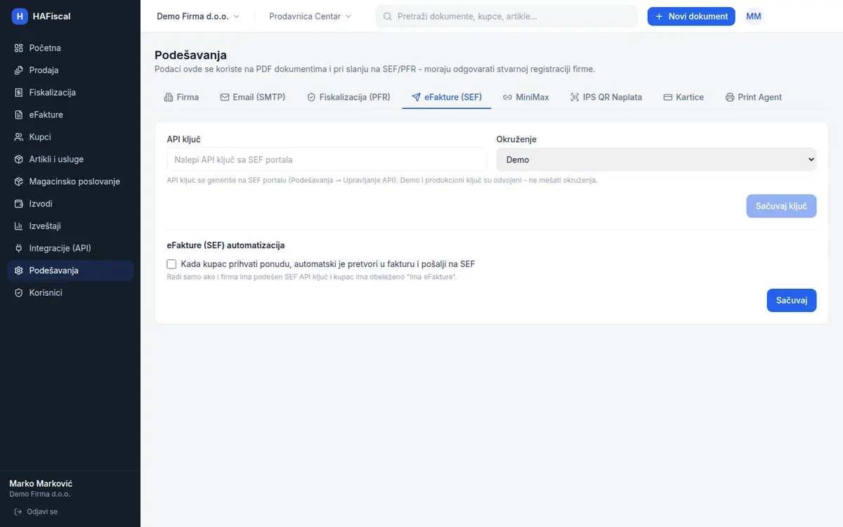 Podešavanja, tab eFakture (SEF)