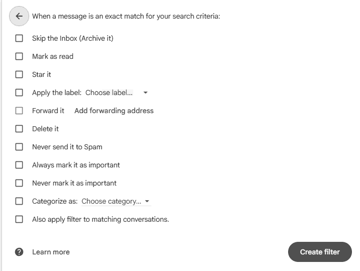 Akcije filtera, opcija Forward it i link Add forwarding address